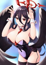 Rule 34 | 1girl, animal ears, bare shoulders, black hair, black wings, blue archive, blurry, blurry background, breasts, cleavage, detached collar, fake animal ears, fake tail, garter belt, hair between eyes, halo, hands up, hasumi (blue archive), highres, large breasts, leotard, long hair, looking at viewer, mole, mole under eye, nail polish, necktie, pankeiki, parted lips, playboy bunny, rabbit ears, rabbit tail, red eyes, red nails, red necktie, solo, tail, thighhighs, wing collar, wings, wrist cuffs