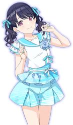 Rule 34 | 1girl, black hair, blue bow, blush, bow, breasts, closed mouth, collarbone, culottes, fukumaru koito, hair bow, idolmaster, idolmaster shiny colors, looking at viewer, lowres, medium breasts, official art, pink eyes, shirt, short sleeves, smile, solo, tachi-e, transparent background, twintails, white shirt