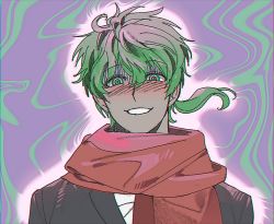 Rule 34 | 1boy, arms at sides, black jacket, black suit, blush, cowlick, crazy eyes, formal, glowing, green eyes, green hair, grin, hair between eyes, jacket, kimi ga shine, kongisdie, lapels, looking at viewer, low ponytail, male focus, midori (kimi ga shine), necktie, portrait, purple background, red necktie, red scarf, scarf, short hair, smile, solo, suit