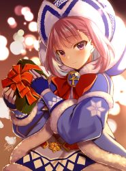 Rule 34 | 1girl, backlighting, badge, beanie, belt, blue coat, blue dress, blue gloves, blue hat, blush, bow, box, closed mouth, coat, dress, fate/grand order, fate/grand order arcade, fate (series), fur-trimmed coat, fur-trimmed dress, fur trim, gift, gift box, gloves, hat, helena blavatsky (christmas) (fate), helena blavatsky (fate), highres, hood, hooded coat, large bow, long sleeves, looking at viewer, open clothes, open coat, purple eyes, purple hair, red bow, seiru (prairie), short hair, smile, solo