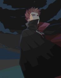 Rule 34 | 1boy, black cape, cape, cloud, commentary request, creatures (company), game freak, grey eyes, lance (pokemon), looking down, male focus, night, nintendo, outdoors, pokemon, pokemon hgss, popped collar, red hair, short hair, sky, solo, spiked hair, twitter username, y (036 yng)