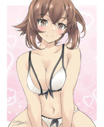 Rule 34 | 1girl, bikini, breasts, brown hair, cleavage, front-tie bikini top, front-tie top, gakky, green eyes, kantai collection, large breasts, mutsu (kancolle), one-hour drawing challenge, short hair, sitting, solo, swimsuit, white bikini