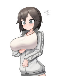 Rule 34 | 1girl, absurdres, black hair, breasts, cowboy shot, grey eyes, grey jacket, hayasui (kancolle), highres, inconvenient breasts, jacket, kantai collection, large breasts, maru (marg0613), one-hour drawing challenge, open clothes, open jacket, shirt, short hair, simple background, solo, track jacket, upper body, white background, white jacket, white shirt, zipping