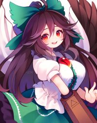 Rule 34 | 1girl, absurdres, ahoge, arm cannon, bird wings, black hair, blush, bow, breasts, chikuwa savy, collared shirt, feathered wings, frilled skirt, frills, green bow, green skirt, hair bow, highres, large breasts, long hair, looking at viewer, open mouth, red eyes, reiuji utsuho, shirt, short sleeves, skirt, smile, solo, third eye, touhou, weapon, white shirt, wings