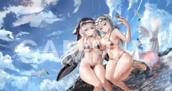 Rule 34 | 2girls, arknights, asymmetrical docking, bare legs, bikini, bird, black bikini, blush, breast press, breasts, cellphone, cleavage, collarbone, day, eyewear on head, feet out of frame, fh moya, habit, hand in own hair, hand up, highleg, highleg bikini, highres, holding, holding phone, inflatable orca, inflatable toy, large breasts, lens flare, long hair, looking at viewer, micro bikini, multiple girls, navel, orange-tinted eyewear, orca hair ornament, outdoors, parted lips, phone, red eyes, rock, sample watermark, sandals, seagull, silver hair, sitting, skadi (arknights), smartphone, smile, specter (arknights), stomach, straight hair, sunglasses, swimsuit, thighs, tinted eyewear, very long hair, water, watermark