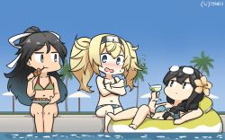 Rule 34 | 3girls, alternate costume, alternate hairstyle, bikini, black hair, blonde hair, blue eyes, blue hair, blue sky, blush, braid, breasts, casual, cleavage, commentary request, covering breasts, covering privates, crying, dated, eating, embarrassed, flower, flying sweatdrops, gambier bay (kancolle), gradient hair, hair between eyes, hair flower, hair ornament, hair ribbon, hairband, hamu koutarou, hibiscus, high ponytail, highres, innertube, kantai collection, katsuragi (kancolle), lifebuoy, long hair, looking to the side, lying, medium breasts, midriff, multicolored bikini, multicolored clothes, multicolored hair, multiple girls, on back, one-hour drawing challenge, ooyodo (kancolle), open mouth, outdoors, palm tree, plaid, plaid bikini, ponytail, pool, ribbon, signature, single braid, sitting, sky, small breasts, stomach, swim ring, swimsuit, tree, twintails, very long hair, wading, wavy mouth