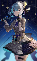 Rule 34 | 1girl, amagasa yun, asymmetrical hair, belt, beret, black gloves, blue background, blue belt, blue bow, blue choker, blue eyes, blue hair, blue nails, blue necktie, blue ribbon, blue skirt, bow, bracelet, breasts, buttons, choker, closed mouth, commentary, cowboy shot, crown, double-breasted, earrings, frilled skirt, frills, gloves, gradient background, grey hat, grey jacket, grey skirt, hair between eyes, hair ribbon, half updo, hat, highres, holding, holding microphone, hololive, hoshimachi suisei, hoshimachi suisei (1st costume), jacket, jewelry, layered skirt, light blue hair, long sleeves, looking at viewer, medium hair, microphone, mini crown, nail polish, necktie, partially fingerless gloves, plaid, plaid headwear, plaid jacket, plaid skirt, ribbon, short necktie, side ponytail, skindentation, skirt, sky, small breasts, smile, smirk, solo, star (sky), star (symbol), star earrings, star in eye, starry sky, striped ribbon, symbol in eye, thigh strap, tilted headwear, two-tone skirt, v, virtual youtuber
