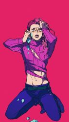 Rule 34 | 1boy, belt, blue pants, commentary, diavolo, food, freckles, highres, holding food, holding ice cream, ice cream, ice cream cone, jojo no kimyou na bouken, long hair, long sleeves, male focus, midriff, navel, open mouth, pants, pink background, pink hair, purple sweater, shenshan laolin, shoes, simple background, sweater, symbol-only commentary, vento aureo, vinegar doppio, yellow eyes