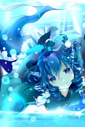 Rule 34 | 1girl, blue eyes, blue hair, bubble, fins, head fins, highres, ishikkoro, japanese clothes, kimono, looking at viewer, matching hair/eyes, mermaid, monster girl, obi, sash, smile, solo, touhou, underwater, wakasagihime