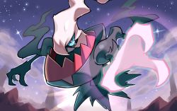 Rule 34 | aqua sclera, black eyes, bright pupils, colored sclera, commentary request, creatures (company), darkrai, from below, game freak, gen 4 pokemon, hyou (hyouga617), legendary pokemon, looking at viewer, mythical pokemon, night, nintendo, no humans, outdoors, pokemon, pokemon (creature), sky, solo, white pupils
