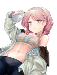 Rule 34 | 1girl, absurdres, aimpoleume, arknights, bare shoulders, blue eyes, blue pants, blue poison (arknights), blue poison (shoal beat) (arknights), bottle, braid, breasts, bright pupils, cleavage, closed mouth, collarbone, commentary, cowboy shot, hairband, highres, holding, holding bottle, jacket, long sleeves, looking at viewer, navel, off shoulder, official alternate costume, open clothes, open jacket, pants, pink hair, pink hairband, pink sports bra, small breasts, smile, solo, sports bra, sweat, twin braids, white background, white jacket, white pupils