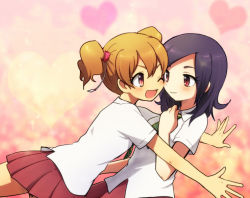 Rule 34 | 00s, 2girls, :d, black hair, blonde hair, blush, couple, fresh precure!, glomp, happy, heart, higashi setsuna, hug, momozono love, multiple girls, necktie, open mouth, outstretched arms, outstretched hand, pink background, pink eyes, precure, purple hair, red eyes, school uniform, short hair, smile, twintails, umei (pixiv226457), wink, yuri