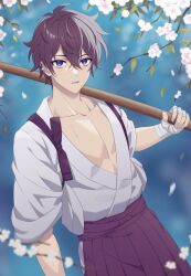 Rule 34 | 1boy, abs, bokken, cherry blossoms, earrings, finch (blanc1771), highres, holding, holding sword, holding weapon, indie virtual youtuber, japanese clothes, jewelry, katana, kendo, kimono, male focus, muscular, muscular male, open clothes, open mouth, pectoral cleavage, pectorals, purple eyes, purple hair, short hair, shoto (vtuber), solo, sword, virtual youtuber, weapon, wooden sword