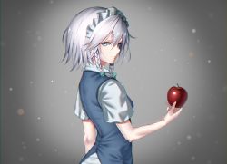 Rule 34 | 1girl, apple, blouse, blue vest, bow, braid, closed mouth, commentary, food, fruit, green bow, grey background, grey eyes, hair bow, highres, holding, holding food, holding fruit, izayoi sakuya, light particles, maid headdress, shirt, silver hair, solo, teraguchi, touhou, twin braids, upper body, vest, white shirt