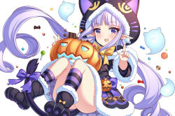 Rule 34 | 1girl, animal ears, ass, asymmetrical legwear, bell, black capelet, black footwear, black jacket, black skirt, blush, bow, candy, candy wrapper, capelet, cat ears, cat girl, cat tail, checkerboard cookie, chocolate, chocolate bar, commentary request, cookie, eskimofox, fake animal ears, food, fur-trimmed capelet, fur-trimmed hood, fur-trimmed skirt, fur-trimmed sleeves, fur trim, ghost, halloween bucket, hood, hood up, hooded capelet, index finger raised, jacket, jingle bell, kneehighs, knees up, kyoka (halloween) (princess connect!), kyoka (princess connect!), lollipop, long hair, long sleeves, looking at viewer, open mouth, paw shoes, pointy ears, princess connect!, purple bow, purple eyes, ringlets, shoes, simple background, single kneehigh, single sock, skirt, socks, solo, striped clothes, striped socks, tail, tail bow, tail ornament, twintails, uneven legwear, v, very long hair, white background, wide sleeves, yellow bow