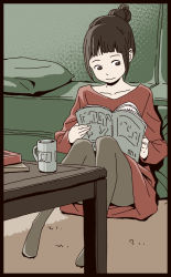 Rule 34 | 1girl, bed, black pantyhose, book, brown eyes, brown hair, cup, highres, hosoo, looking down, mug, no shoes, open book, original, oversized clothes, pantyhose, pillow, reading, red shirt, red theme, shirt, solo, table