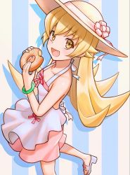 Rule 34 | 1girl, backless dress, backless outfit, bakemonogatari, blonde hair, bracelet, breasts, commentary request, doughnut, dress, fang, flipped hair, food, hat, highres, jewelry, long hair, looking at viewer, monogatari (series), old-fashioned doughnut, oshino shinobu, sandals, shoes, small breasts, solo, sun hat, sundress, toes, yellow eyes, yuko666