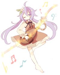 Rule 34 | 1girl, ahoge, bad id, bad pixiv id, bare legs, barefoot, bass clef, beamed quavers, biwa lute, brown dress, chair, daizu (melon-lemon), dress, flat sign, flower, full body, hair flower, hair ornament, highres, instrument, long hair, long sleeves, low twintails, lute (instrument), music, musical note, one eye closed, purple eyes, purple hair, quaver, sharp sign, solo, staff (music), touhou, tsukumo benben, twintails