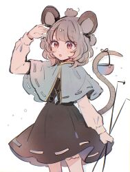 Rule 34 | 1girl, animal, animal ears, black dress, blush stickers, capelet, commentary, dowsing rod, dress, feet out of frame, grey capelet, grey hair, highres, holding, jewelry, long sleeves, mouse (animal), mouse ears, mouse tail, mozukuzu (manukedori), nazrin, open mouth, pendant, red eyes, short hair, simple background, solo, tail, touhou, white background