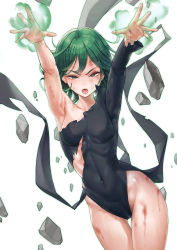 Rule 34 | 1girl, absurdres, adapted costume, armpits, arms up, aura, battle damage, black dress, black leotard, breasts, bruise, bruise on face, collarbone, covered navel, cowboy shot, curly hair, curvy, dress, energy, fantasy, feet out of frame, floating, floating object, glowing, green eyes, green hair, highleg, highleg leotard, highres, injury, leotard, levitation, looking at viewer, lower teeth only, magic, medium hair, mute (mute89539160), one-punch man, open mouth, psychic, rock, rubble, scratches, simple background, small breasts, solo, sweat, tatsumaki, teeth, telekinesis, thigh gap, thighs, tired, tongue, torn clothes, torn dress, v-shaped eyebrows, white background
