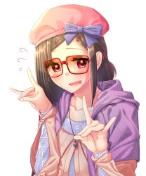 Rule 34 | 1girl, absurdres, alternate costume, beret, black hair, blush, bow, commentary request, fate/grand order, fate (series), hair ornament, hairclip, hat, hat bow, highres, huge filesize, jewelry, long hair, looking at viewer, mkon, necklace, orange-tinted eyewear, orange-tinted glasses, osakabehime (fate), osakabehime (traveling outfit) (fate), purple eyes, solo, sunglasses, sweatdrop, tinted eyewear