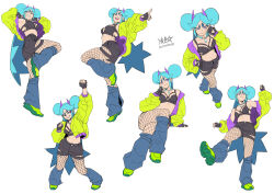 Rule 34 | 1girl, absurdres, arm up, blue hair, breasts, commentary, crop top, double bun, english commentary, fingerless gloves, fishnet pantyhose, fishnets, gloves, hair bun, highres, horns, jacket, jewelry, knee up, kneehighs, long hair, looking at viewer, loose socks, medium breasts, midriff, multiple views, necklace, off shoulder, original, pantyhose, purple horns, ryuusei (mark ii), shorts, shrimball (ryuusei (mark ii)), signature, sitting, socks, spiked gloves, standing, tooth necklace, very long hair, white background, yellow jacket