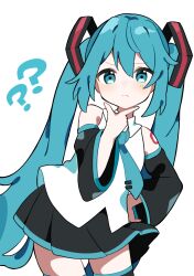 Rule 34 | 1girl, ?, ??, aqua eyes, aqua hair, aqua necktie, bare shoulders, black skirt, black sleeves, blush, collared shirt, commentary, contrapposto, cowboy shot, detached sleeves, dot nose, frown, furrowed brow, hair ornament, hand on own chin, hand on own hip, hatsune miku, highres, light blush, long hair, looking at viewer, necktie, pleated skirt, shirt, simple background, skirt, solo, stroking own chin, symbol-only commentary, thighhighs, thighs, twintails, uon shil, very long hair, vocaloid, white background, white shirt