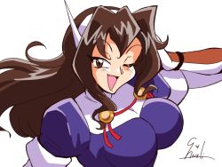 Rule 34 | 1990s (style), 1girl, ashigara (kancolle), blouse, breasts, brown eyes, brown hair, choroli (chorolin), elbow gloves, fake horns, fangs, gloves, hairband, horned headwear, horns, kantai collection, long hair, open mouth, retro artstyle, shirt, signature, smile, solo, uniform, wavy hair, white background, white gloves