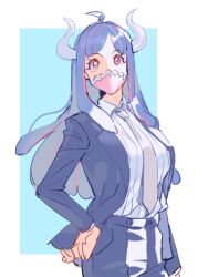 Rule 34 | 1girl, blue hair, breasts, covered mouth, curled horns, horns, long hair, looking at viewer, mask, mouth mask, multicolored hair, one piece, pink eyes, pink hair, pink mask, raine (acke2445), shirt, solo, streaked hair, ulti (one piece)