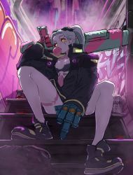 Rule 34 | 1girl, absurdres, bare legs, black panties, bra, blowing bubbles, chewing gum, colored sclera, cyberpunk, cyberpunk (series), cyberpunk edgerunners, flat chest, graffiti, gun, highres, jacket, leg tattoo, looking at viewer, mechanical hands, neck tattoo, nereb 72, pale skin, panties, pump action, rebecca (cyberpunk), red eyes, red sclera, shoes, shotgun, sitting, sneakers, solo, stairs, stomach tattoo, tattoo, twintails, underwear, weapon, yellow eyes