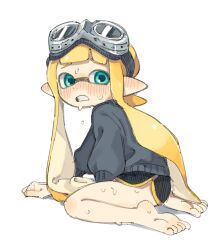 Rule 34 | 1girl, barefoot, black shorts, blonde hair, blue eyes, blush, daidaiika, domino mask, ear blush, feet, from side, goggles, goggles on head, grey sweater, inkling, inkling girl, inkling player character, long hair, looking at viewer, mask, nintendo, open mouth, pointy ears, short shorts, shorts, sitting, soles, solo, splatoon (series), suction cups, sweat, sweater, tentacle hair, thighs, toes