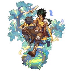 Rule 34 | 1boy, bird, brown eyes, cougar (animal), dragalia lost, feathers, full body, green hair, headpat, leaf, long hair, male focus, non-web source, official art, rawn, roots, saitou naoki, sitting, solo, topless male, transparent background, tree