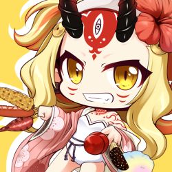 Rule 34 | 1girl, bare shoulders, blonde hair, brown eyes, candy apple, chibi, chocolate banana, corn, cotton candy, dutch angle, facial mark, fang, fate/grand order, fate (series), floral print, flower, food, forehead mark, grin, hair flower, hair ornament, holding, holding food, horns, ibaraki douji (fate), ibaraki douji (fate/grand order), ibaraki douji (swimsuit lancer) (fate), ibaraki douji (swimsuit lancer) (second ascension) (fate), japanese clothes, kimono, long hair, long sleeves, looking at viewer, one-piece swimsuit, oni, oni horns, open clothes, open kimono, parted bangs, pink kimono, print kimono, red flower, sausage, shachoo., shadow, smile, solo, strapless, strapless one-piece swimsuit, swimsuit, very long hair, white one-piece swimsuit, wide sleeves, yellow background