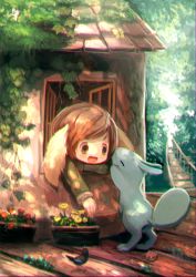 Rule 34 | 1girl, animal ears, bad id, bad pixiv id, bridge, brown eyes, brown hair, creature, day, dot nose, flower, forest, ivy, long sleeves, manino (mofuritaionaka), nature, original, outdoors, plant, potted plant, short hair, window