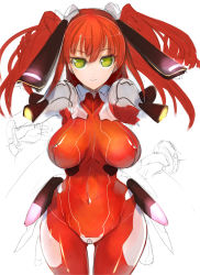 Rule 34 | 1girl, bad id, bad twitter id, bodysuit, breasts, green eyes, highres, hip focus, large breasts, light smile, long hair, looking at viewer, nipples, original, pupps, red hair, sketch, solo, thigh gap, thighs, twintails, wide hips