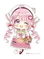 Rule 34 | 1girl, ;d, ahoge, animal, basket, blush, bow, bug, butterfly, chibi, copyright request, dress, drill hair, flower, full body, hair bow, hair ornament, hairclip, hand on own face, hand up, head scarf, head tilt, heart, heart ahoge, highres, insect, jacket, long hair, long sleeves, one eye closed, open mouth, pantyhose, pink bow, pink dress, pink eyes, pink flower, pink hair, red flower, red footwear, sakura oriko, shoes, simple background, skirt hold, smile, solo, standing, translation request, tulip, twin drills, very long hair, white background, white jacket, white pantyhose, yellow flower
