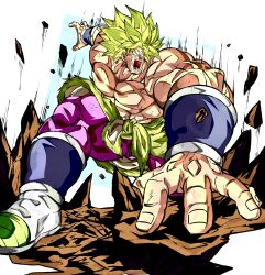 Rule 34 | 1boy, abs, arm guards, blank eyes, boots, broly (dragon ball super), debris, dragon ball, dragon ball super, emphasis lines, fur-trimmed waist cape, fur trim, green hair, hand on ground, highres, large pectorals, legendary super saiyan, male focus, muscular, muscular male, nipples, official style, oharu2000, open mouth, pants, pectorals, purple pants, rubble, scar, scar on arm, scar on chest, shouting, simple background, solo, spiked hair, super saiyan, topless male, toriyama akira (style), waist cape