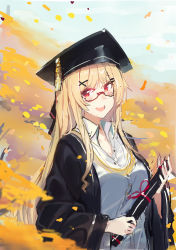 Rule 34 | 1girl, blonde hair, blush, cloak, collared shirt, constellation (warship girls r), day, echj, glasses, hat, highres, long hair, looking at viewer, open mouth, outdoors, red eyes, shirt, smile, solo, tagme, warship girls r, white shirt