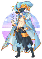 Rule 34 | 1boy, abs, aoiro 69, belt, black footwear, black hat, blue cape, blue hair, blue pants, boots, bracelet, brown eyes, cape, creatures (company), cross-laced footwear, earrings, eyepatch, game freak, gen 3 pokemon, hand on own hip, hat, hat feather, highres, jewelry, looking at viewer, male focus, muscular, navel, nintendo, pants, personification, pokemon, simple background, smile, solo, swampert, white background