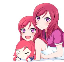Rule 34 | 10s, 2girls, :d, aged down, blush, character doll, commentary request, denshinbashira (bashirajio!), dual persona, long hair, looking at viewer, love live!, love live! school idol project, lying, merchandise, multiple girls, multiple views, nesoberi, nishikino maki, on stomach, open mouth, purple eyes, red hair, short sleeves, simple background, sleeveless, smile, time paradox
