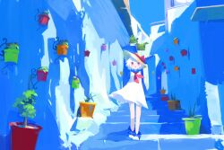 Rule 34 | 1girl, ascot, blue footwear, blue theme, dress, hat, highres, looking at viewer, natsu-no-kamisama, original, plant, potted plant, red ascot, red eyes, shadow, shoes, short hair, solo, stairs, white dress, white hair, wide shot
