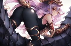 Rule 34 | 1girl, armpits, ass, bare shoulders, bent over, black bodysuit, bodysuit, breasts, cameltoe, covered anus, dragon tail, from behind, gauntlets, gold trim, granblue fantasy, hair between eyes, has bad revision, has downscaled revision, headgear, highres, light purple hair, long hair, looking back, md5 mismatch, medium breasts, medusa (shingeki no bahamut), parted lips, pointy ears, red eyes, resolution mismatch, revision, shadowverse, shingeki no bahamut, sidelocks, simple background, skin tight, sleeveless, snm (sunimi), solo, source smaller, tail, v-shaped eyebrows, white background