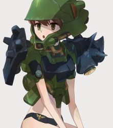 Rule 34 | 1girl, :o, armor, bengus, black panties, brown hair, cable, char&#039;s counterattack, geara doga, green eyes, grey background, gundam, helmet, looking to the side, mecha musume, panties, personification, shoulder armor, shoulder spikes, solo, spikes, underwear, zeon