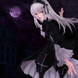 Rule 34 | 00s, bad id, bad pixiv id, doll joints, dress, frills, hairband, headband, joints, kaworu, long hair, moon, purple eyes, rozen maiden, silver hair, solo, suigintou, wings