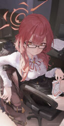 Rule 34 | 1girl, absurdres, aru (blue archive), blue archive, chair, glasses, highres, long hair, long sleeves, looking at viewer, namelessrvon, red hair, shirt, sitting, smile, solo, white shirt, yellow eyes