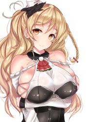 Rule 34 | 10s, 1girl, bare shoulders, black dress, blonde hair, blush, braid, breasts, brown eyes, collarbone, corset, detached sleeves, dress, hand on own arm, hat, highres, huge breasts, kantai collection, long hair, looking at viewer, sankakusui, sideboob, simple background, skindentation, smile, solo, white background, zara (kancolle), zara due (kancolle)