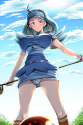 Rule 34 | 1girl, ahoge, alternate breast size, blue eyes, breasts, cloud, creatures (company), day, game freak, gloves, golf club, highres, impossible clothes, kahili (pokemon), kneehighs, large breasts, looking at viewer, mole, mole under eye, nintendo, outdoors, panties, pantyshot, poke ball, pokemon, pokemon sm, silver hair, socks, standing, takecha, underwear, white gloves
