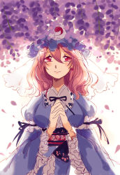 Rule 34 | 1girl, arm garter, backlighting, earrings, flower, frilled sleeves, frills, hat, highres, interlocked fingers, jewelry, light smile, looking at viewer, obi, own hands clasped, own hands together, petals, pink eyes, pink hair, saigyouji yuyuko, sash, short hair, siam (meow13), solo, touhou, triangular headpiece, veil, wide sleeves, wisteria