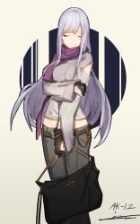 Rule 34 | 1girl, absurdres, ak-12 (girls&#039; frontline), alternate costume, arm across waist, arm cutout, bad id, bad pixiv id, bag, beige background, black bag, black gloves, black pants, braid, breasts, casual, character name, closed eyes, closed mouth, cowboy shot, french braid, girls&#039; frontline, gloves, grey jacket, hand on own arm, highres, holding, holding bag, jacket, junexp, long hair, long sleeves, medium breasts, midriff, pants, partially fingerless gloves, purple scarf, ribbon, scarf, sidelocks, signature, silver hair, simple background, sleeves past wrists, smile, solo, very long hair