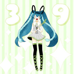 Rule 34 | 1girl, 39, aqua hair, bad id, bad pixiv id, closed eyes, dress, hatsune miku, long hair, open mouth, solo, striped, striped background, tetto (poteeeeto), thighhighs, twintails, very long hair, vocaloid